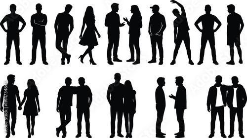 Men and women silhouette collection with standing, talking and couple poses, black vector people set isolated on white background