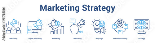 Marketing Strategy web banner icon set vector illustration concept for business with icon of Marketing, Digital Marketing, Marketing, Marketing, Campaign, Br.