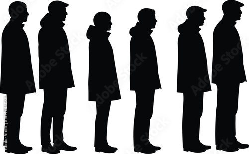 Silhouettes of people standing in line, coat-wearing figures, cad drawing flat vector illustration, black human shapes, waiting posture icons