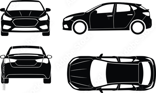 Compact hatchback car silhouette set with front, side, rear and top views, black vector vehicle illustration isolated on white