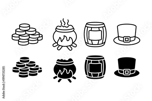 St Patricks Day Irish Icons Set. Leprechaun, Shamrock Collection Glyph and Outline Style