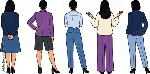 Businesswomen back view illustration set with different office outfits and poses, professional female characters isolated on white background