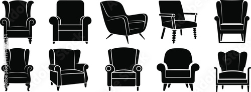 Armchair Silhouette Collection Featuring Classic and Modern Lounge Chairs Isolated on White Background for Interior Furniture Design