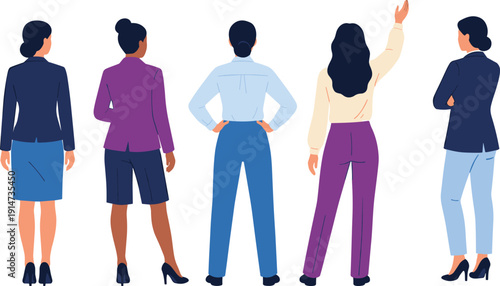 Businesswomen back view flat illustration set with diverse office outfits and poses, professional female characters isolated on white