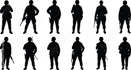 Army soldier silhouettes collection with rifles and tactical gear isolated on white background, military personnel vector set