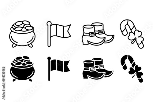 St Patricks Day Irish Icons Set. Leprechaun, Shamrock Collection Glyph and Outline Style