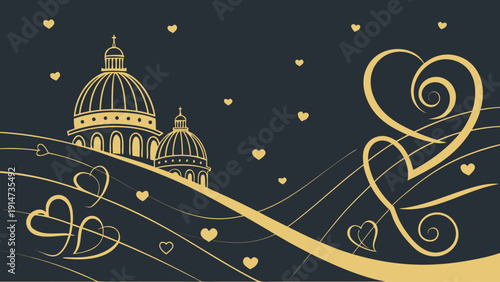 Golden Hearts Love Vector Background with Elegant Domes and Swirls