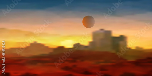 Desert sunset landscape with mountains