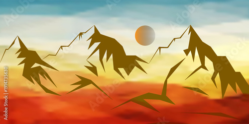 Desert sunset landscape with mountains