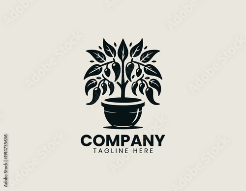Black vector logo chili pepper plant with multiple hanging peppers and broad leaves growing from a round pot