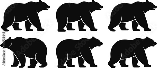 Bear Silhouette Icon Set with Walking Grizzly Animal Shapes Isolated on White Background for Wildlife Design