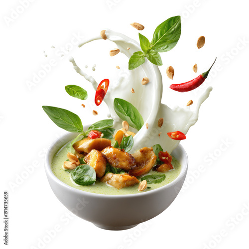 Green curry in bowl with milk splash, chilies, basil, and peanuts floating