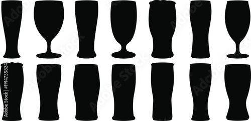 Beer glass silhouette set isolated on white background, pint, goblet and lager cup black vector collectionBeer glass 