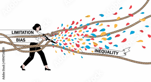 A determined woman breaks free from colorful ropes labeled limitation, bias, and inequality, symbolizing empowerment and freedom in a modern illustration for International Women's Day and