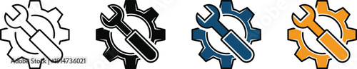 Basic set of wrench and gear icons in various styles, perfect for interface design, indicating settings or technical support elements