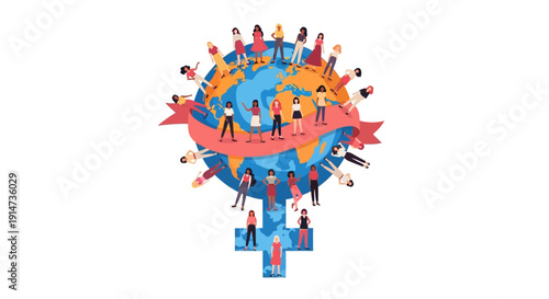 Modern vector illustration of a diverse group of people standing on a globe with a female symbol, representing International Women's Day and women empowerment.