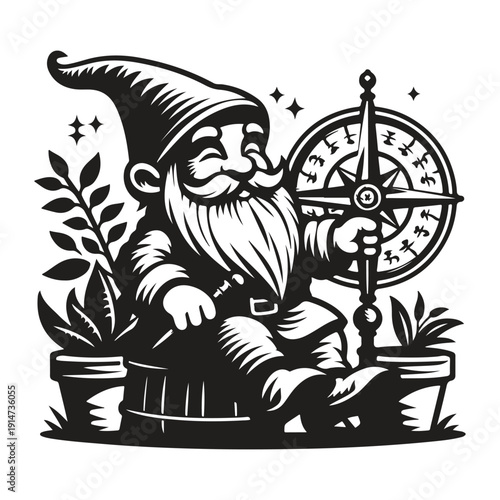 Old man with long beard sitting in a barrel holding a compass