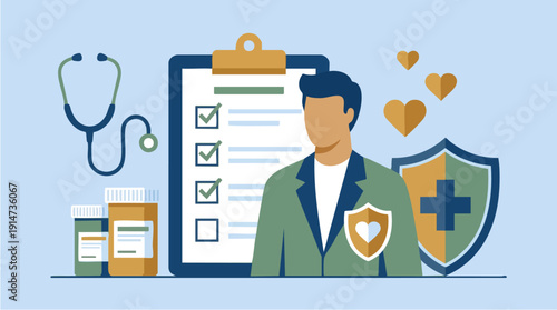 Doctor with shield and clipboard healthcare.