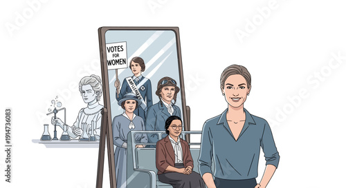 Modern vector illustration of a woman standing confidently in front of a mirror reflecting diverse group of people for International Women's Day empowerment campaign with a clean design.