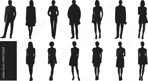 Business men and women silhouettes collection isolated on white background, professional corporate people standing vector set