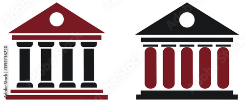 A pair of stylized ancient Greek or Roman style columned buildings, one in dark red and the other in black, representing institutions, government, or classical architecture