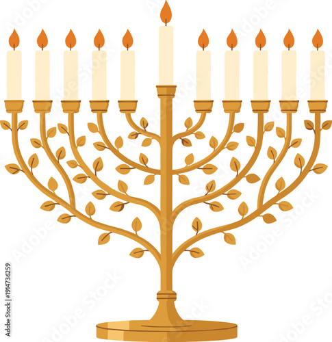Golden Hanukkah menorah vector illustration with nine burning candles, floral branch design, traditional Jewish holiday symbol isolated on white background.