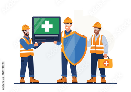 Construction workers with medical safety equipment.