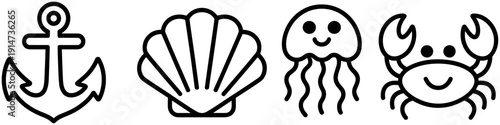 Sea life icon set, nautical illustration, anchor and seashell design, jellyfish and crab cartoon, black and white marine symbols, ocean themed art