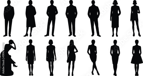 Business people silhouettes collection isolated on white background, professional men and women standing vector icon set