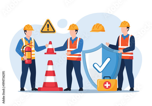 Construction workers with safety gear.