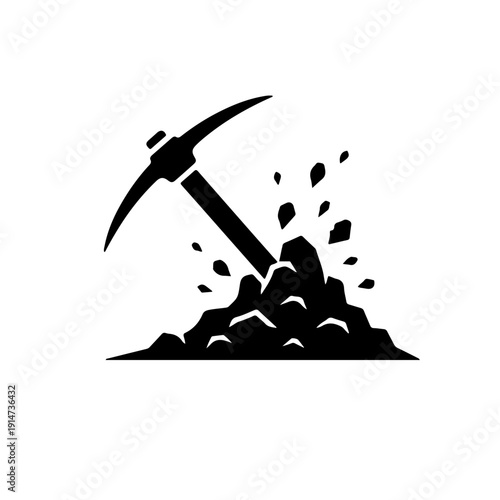icon featuring a hoe blade breaking through a fragmented clod of earth. This high-impact minimalist design represents soil cultivation, groundwork, breaking barriers, and the start of a new project