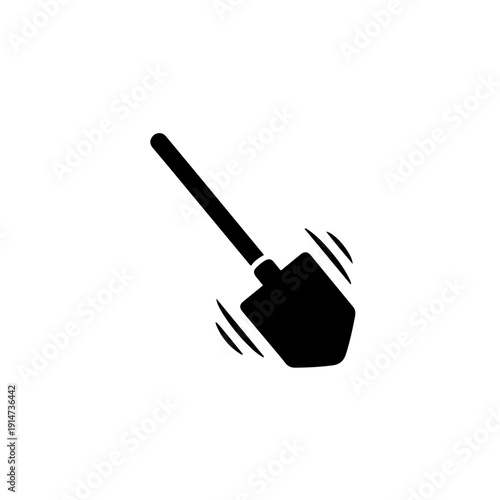 black and white vector icon of a hoe positioned at a 45° angle. This minimalist silhouette captures the tool in mid-swing or just hitting the ground, symbolizing active labor, farming, gardening