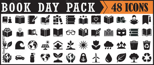 Book Day Pack with Education Icons, Collection of black book and education icons featuring reading, library, school, and learning symbols for academic and digital design projects.

