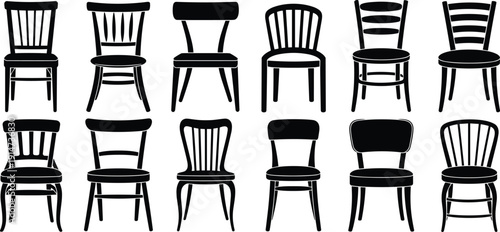 Classic wooden chair silhouettes collection isolated on white background featuring vintage and modern dining furniture design set