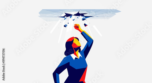 Modern vector illustration of a woman breaking through a glass ceiling on International Women's Day, symbolizing empowerment and equality in business and society.