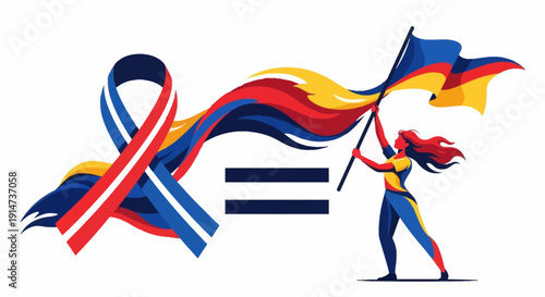 Modern illustration of a woman waving a flag with a ribbon and equality symbol for International Women's Day, empowerment campaign, on a white background with colorful design elements.