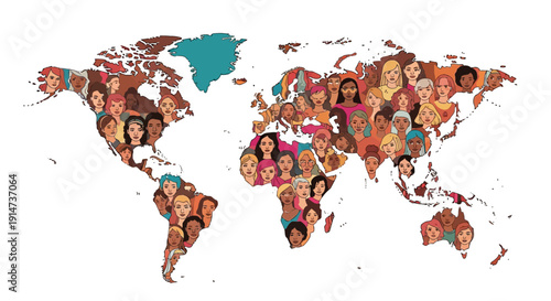 Illustration of a world map composed of diverse people celebrating International Women's Day with a modern vector design on a white background.