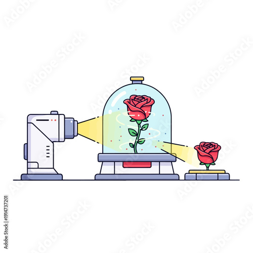 Futuristic machine scanning and replicating a red rose under a glass dome.