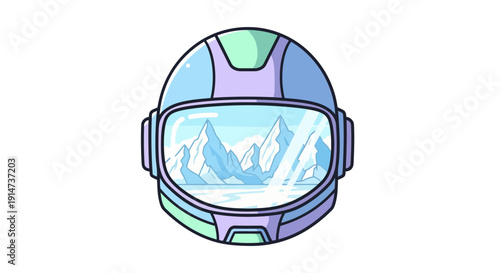 Stylized astronaut helmet with a reflection of snowy mountains on the visor.