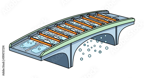 Conceptual isometric illustration of a water filtration bridge system.
