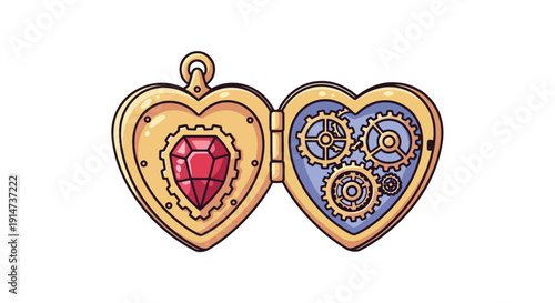 Steampunk heart locket with a red gemstone and internal clockwork gears.