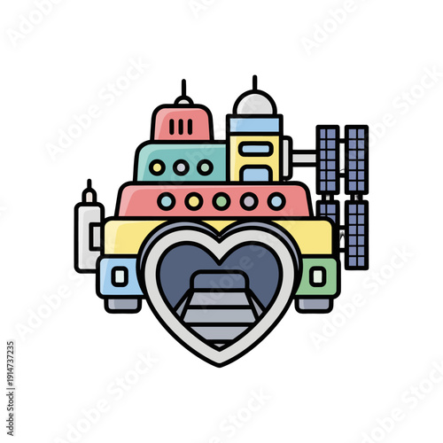 Futuristic love train with a heart shaped tunnel entrance icon.