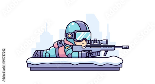 Cute cartoon soldier in winter gear aiming a sniper rifle.