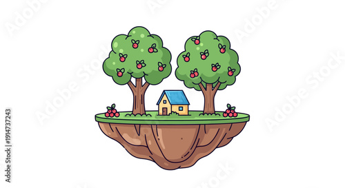 Cute cartoon floating island with a small house and two apple trees.