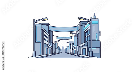 Stylized line art illustration of a modern city street view.