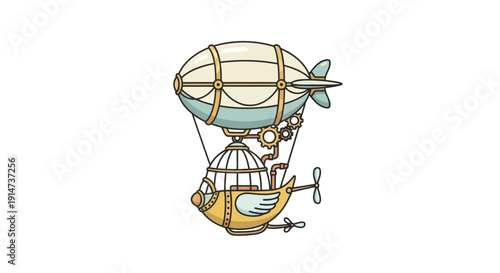 Whimsical steampunk airship with a bird-shaped gondola illustration.