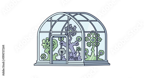 Illustrated greenhouse with fantastical and exotic plants inside.