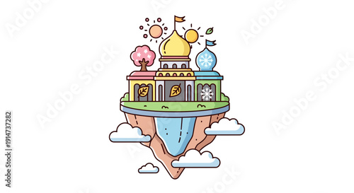 Colorful cartoon fantasy castle on a floating island in the sky.