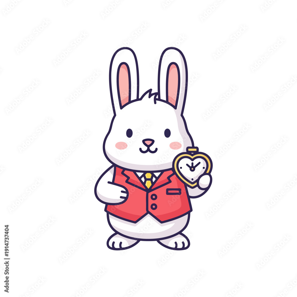 Fototapeta premium Cute cartoon white rabbit character in a red vest holding a heart-shaped clock.