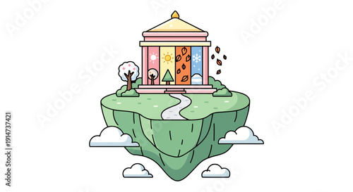 Fantasy temple on a floating island representing the four seasons of the year.